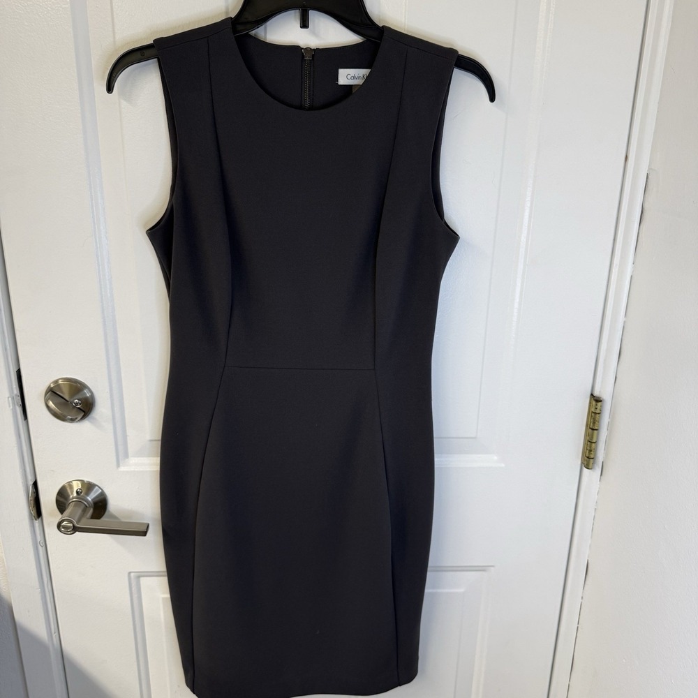 Calvin Klein Sheath Dress Sleeveless‎ Solid Zip Polyester Gray Women's Size 6